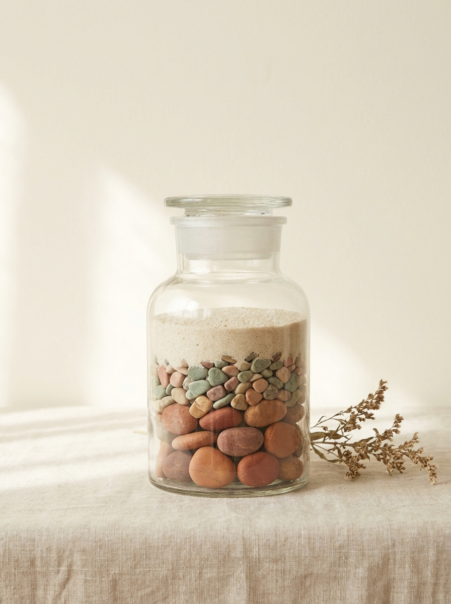 Glazen pot met grote stenen onderaan, kiezels in het midden en zand bovenaan